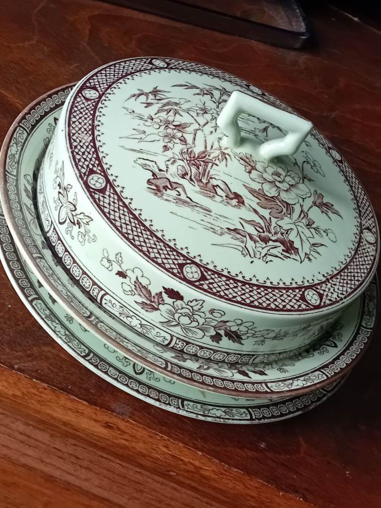 Antique ceramic lidded veg dish and saucer..