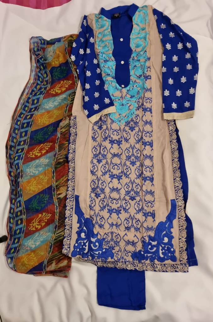 New. Blue beige 3 piece suit stitched. Asian womens dress, long kameez and trousers and scarf
