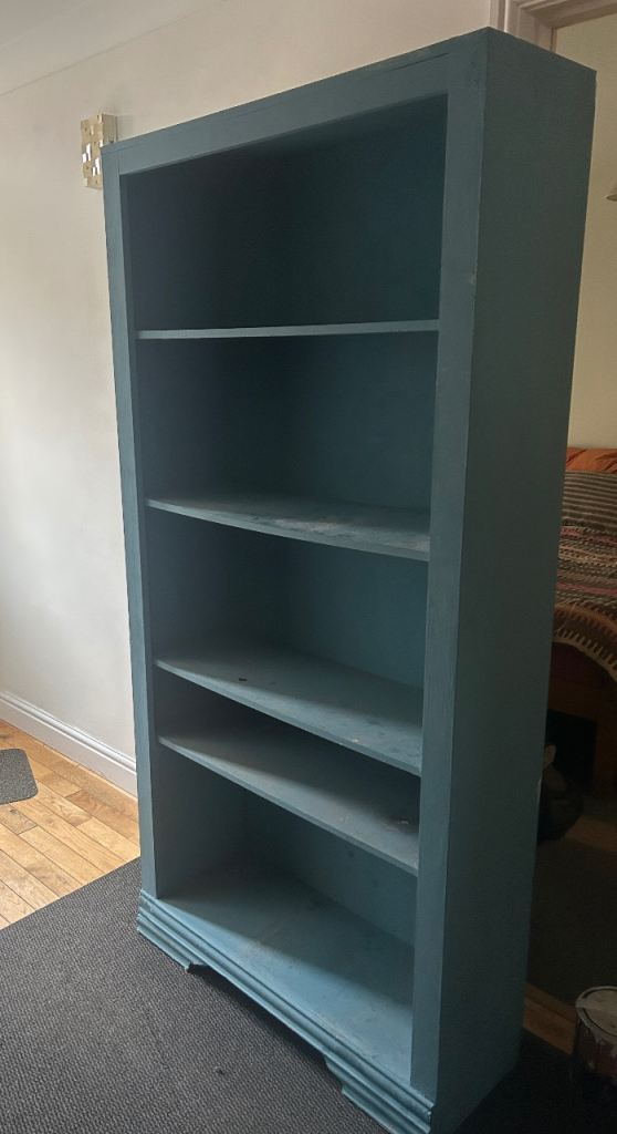 Tall Blue Wooden Bookcase with 4 Shelves – Good Condition