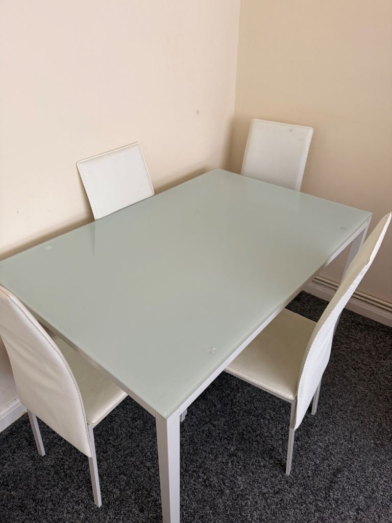 Dining Table and 4 Chairs - White Faux Leather, Glass Top