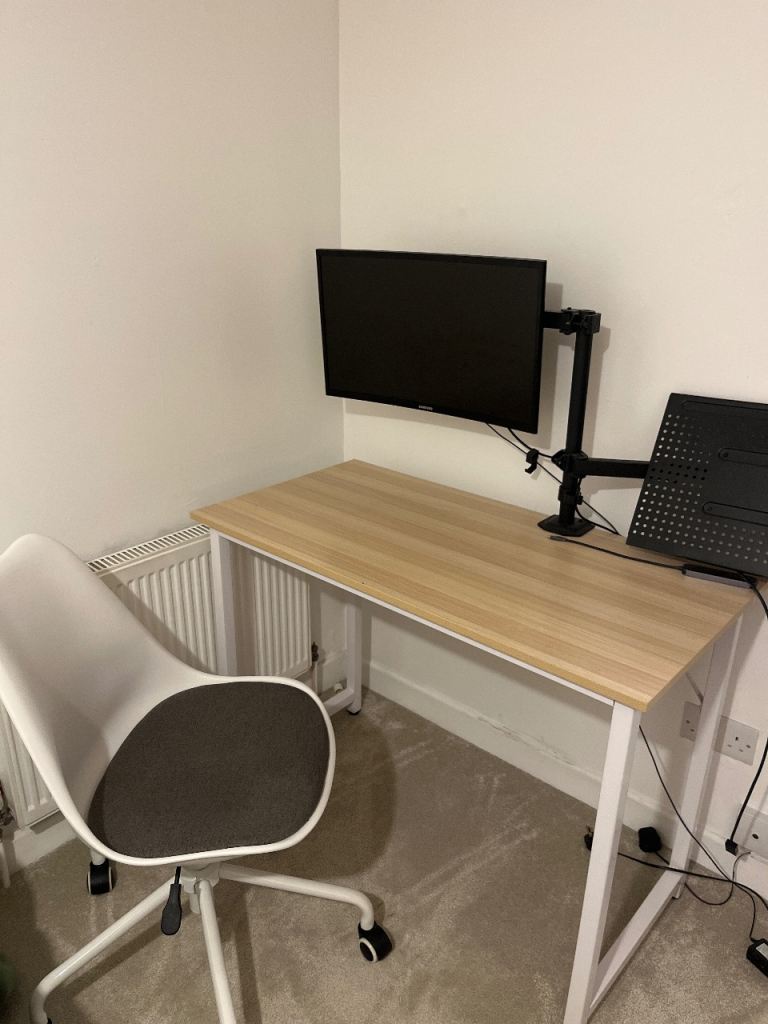 Office desk and swivel chair for sale including computer screen and clamp for laptop 