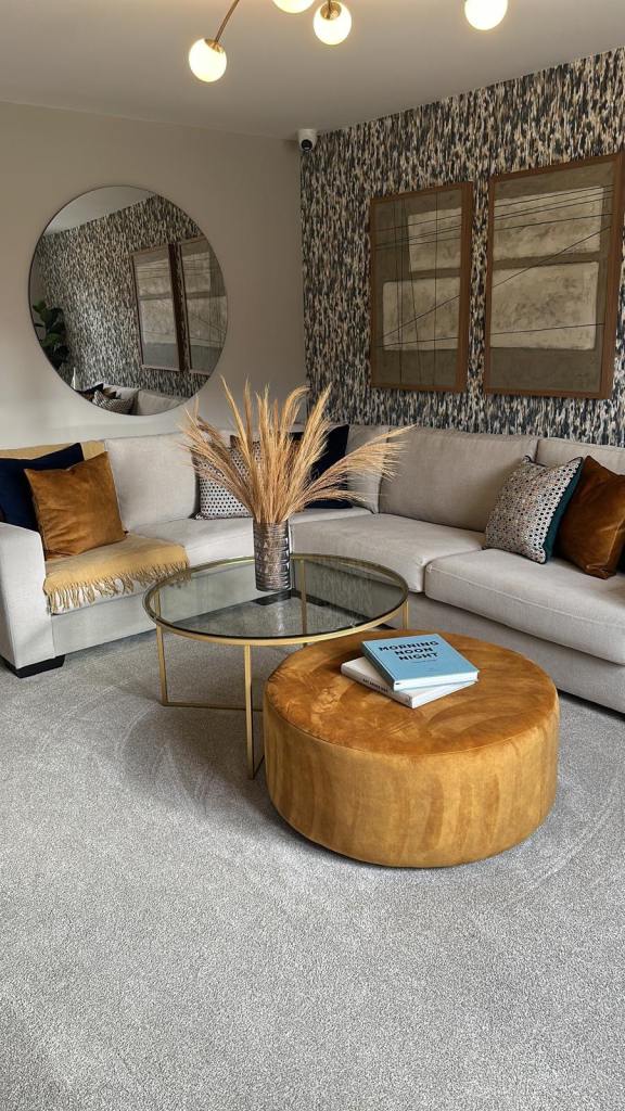 image for 32" round ottoman pouf footstool in mustard yellow velvet