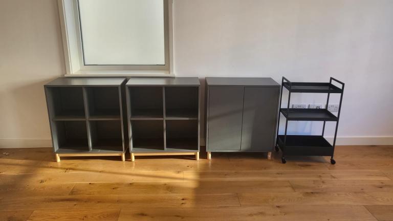 3 grey shelves