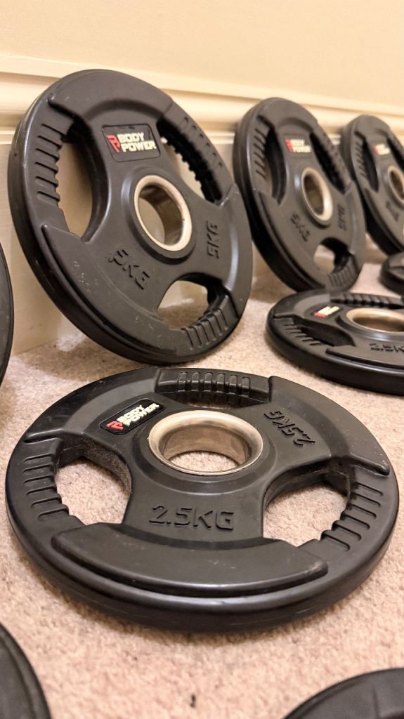 Bodypower Olympic rubber tri-grip weight plates and two dumbbell bars (35Kg) with spring collars.