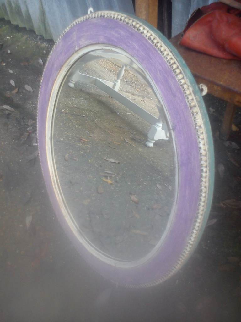 Upcycled, vintage, shabby chic, oak mirror with bevelled plate and bobbin edging.