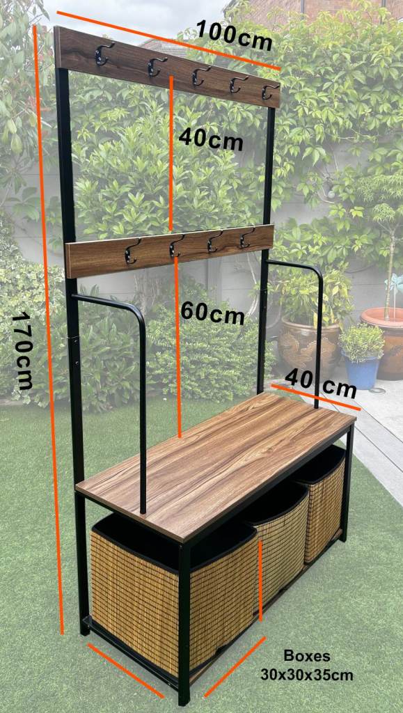 Wooden Hallway Bench with Hooks and Storage Baskets