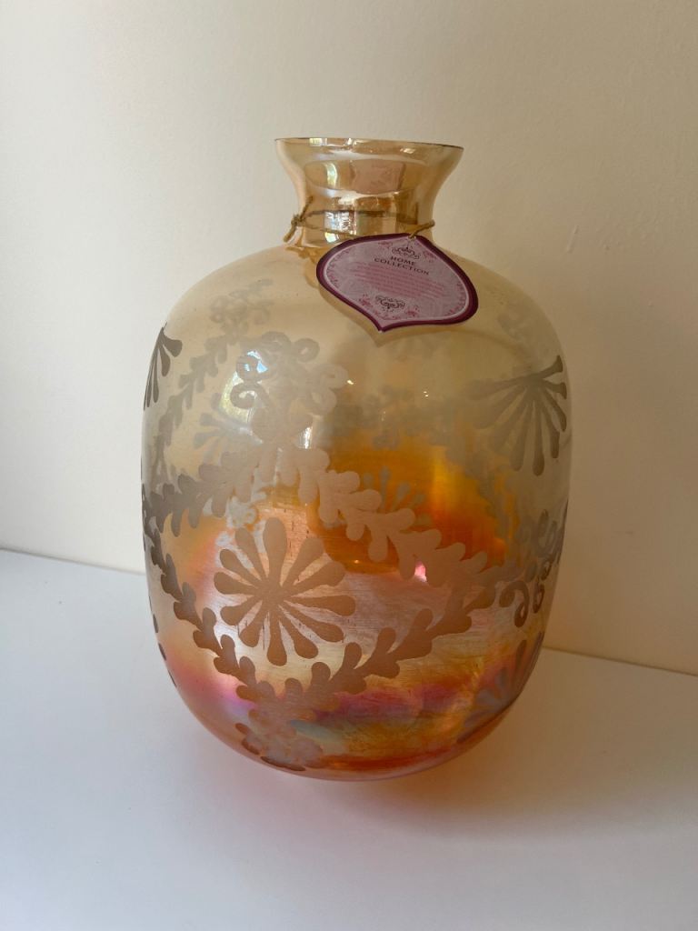 Beautiful New Iridescent Glass Vase with Etched Pattern