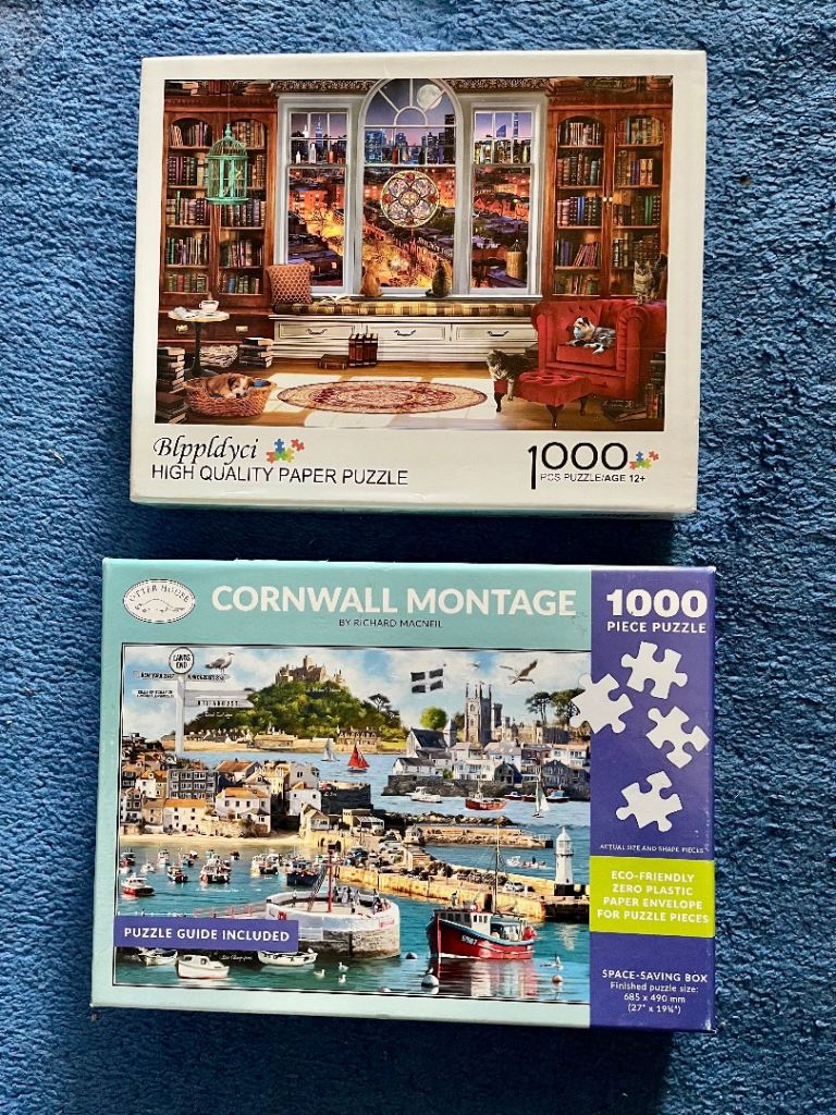 2x 1000-pcs Jigsaw puzzles: CORNWALL MONTAGE and ‘Moonlit Leisure Time’