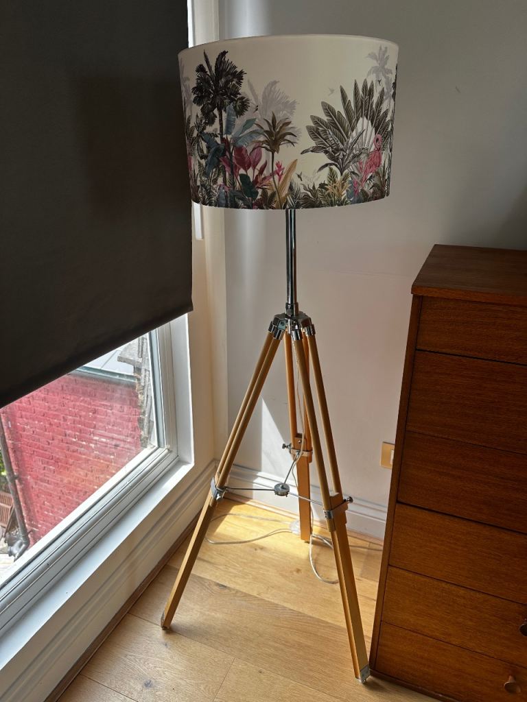Stylish Made Tripod Floor Lamp with Jungle Print Shade – Good Condition