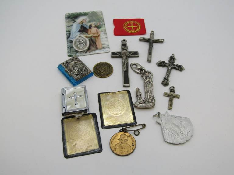 Job Lot Religious Icons Crosses Saint Anne Medal Pendants Mini Book Boxes etc. 