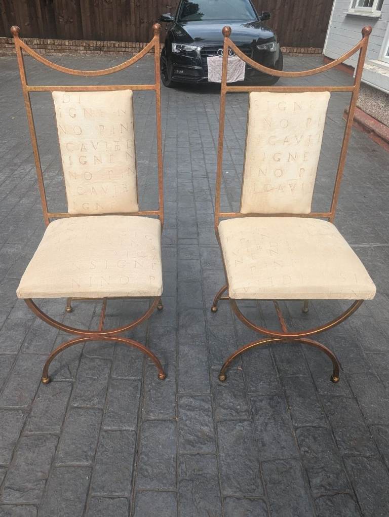 Pair of Gold Metal Occasional Chairs with Cream Upholstery