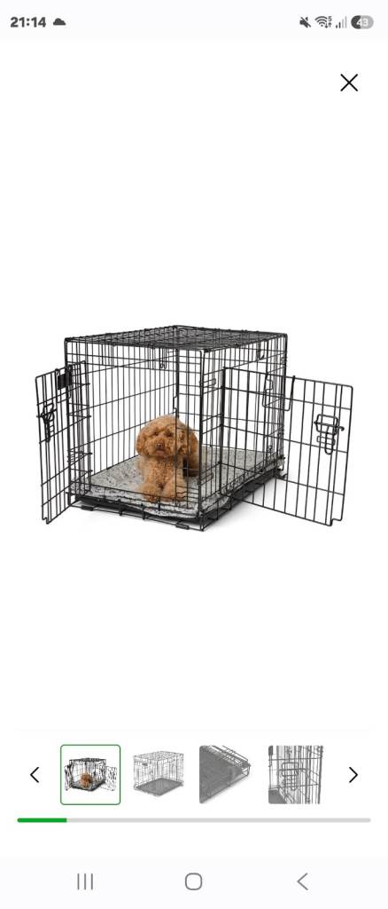 Black metal dog crate with two doors and removable tray
