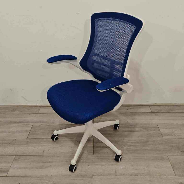 BOXED Operator Chair, Adjustable, Blue Mesh, White Swivel Base