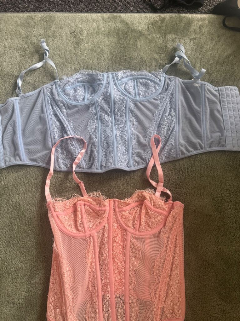 2X SHEIN Lace Bustier Corset Tops - Pink and Blue - Size XS