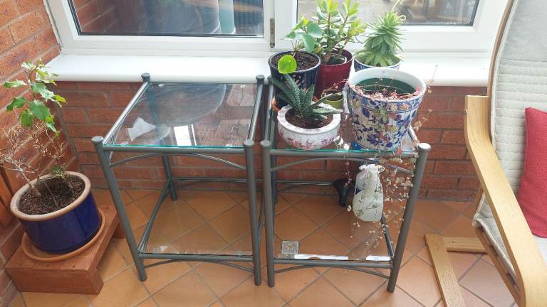 Pair of Grey Metal & Glass Side Tables – Good Condition
