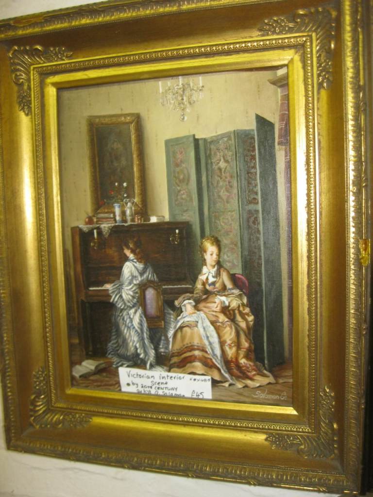 STUNNING PAINTING BY 'G SALAMAN' OF VICTORIAN INTERIOR SCENE. DECORATIVE GILT FRAME