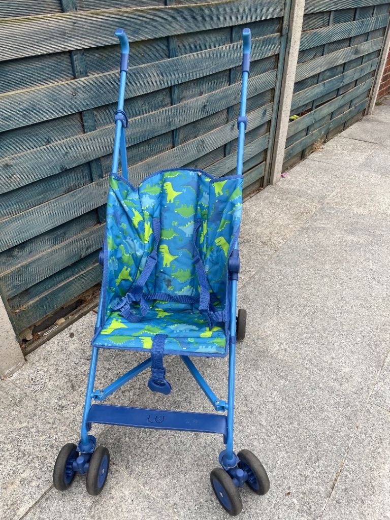 A blue stroller 