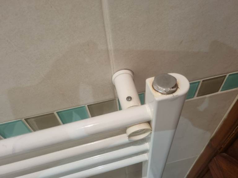 White straight towel radiator with chrome valves.