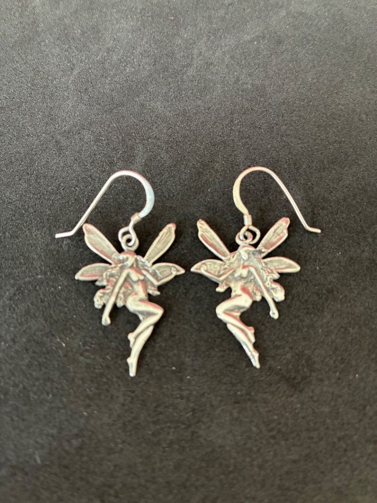 Pair Naked Fairies 925 Sterling Silver Dangle Hook Earrings Vintage