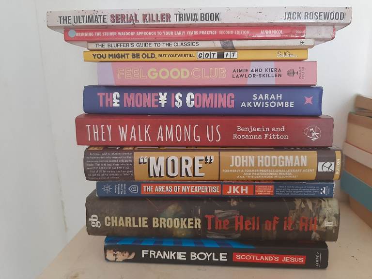 Books: loads of novels, some science, history, culture, languages, travel, food, kids' etc.