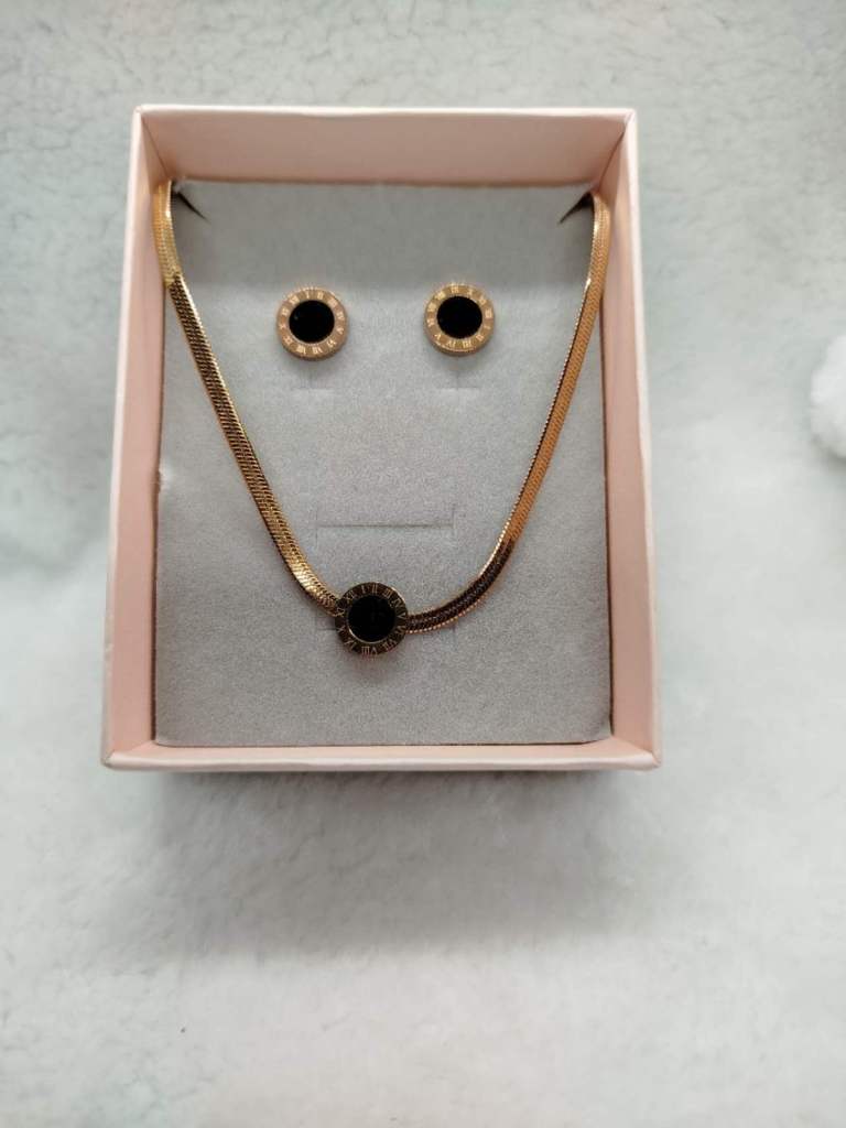Rose Gold Necklace & Earrings Set Black Round Pendant Roman Numeral Jewelry Gift