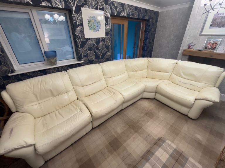 DFS Cream Leather Power Recliner Couch