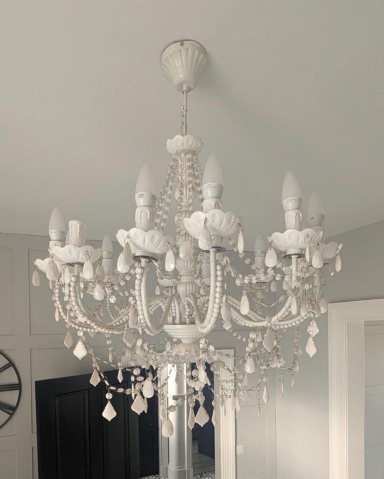 White Chandelier with Crystal Droplets – Good Condition