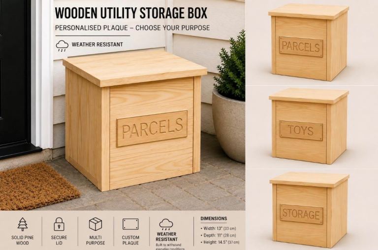 Personalised Wooden Storage Box | Custom Engraved Pine Utility Container
