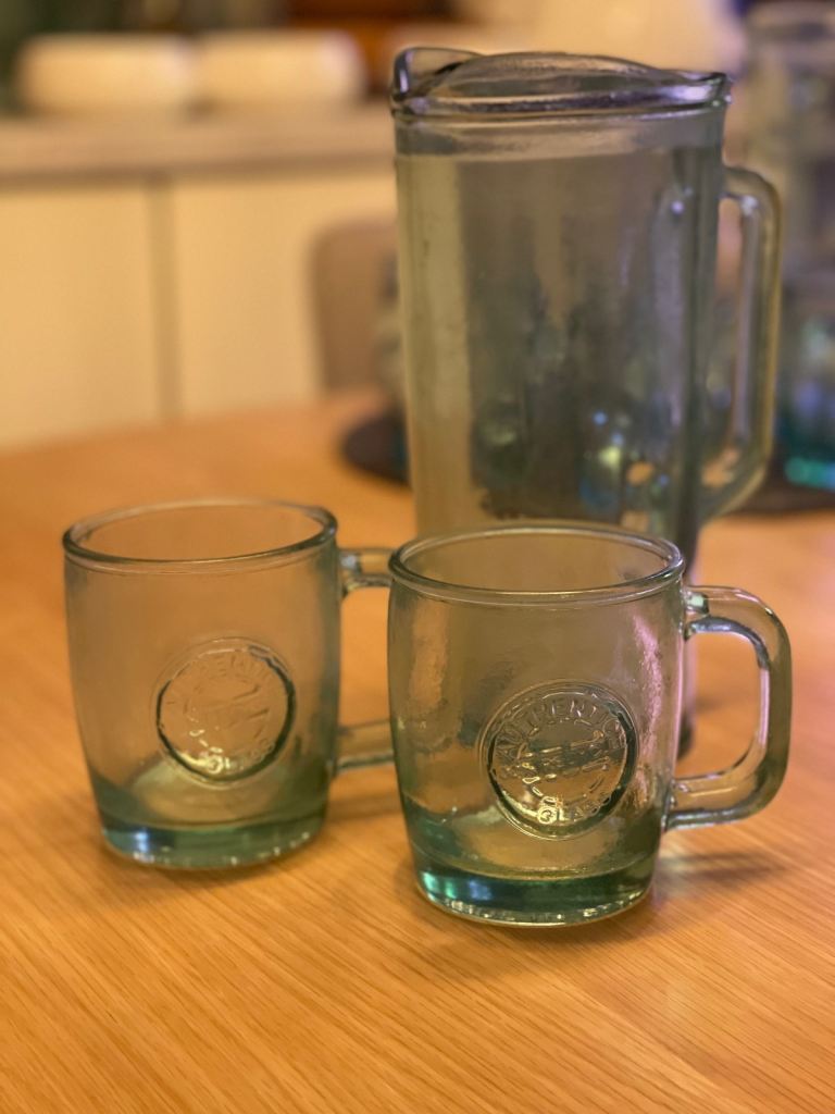 Recycled glass pitcher and 2x drinking glasses 