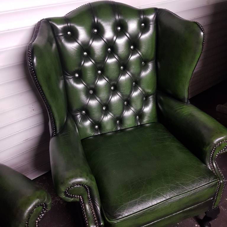 MATCHING Pair Green Leather QUEEN ANNE Chesterfield Wingback arm chairs -FAB