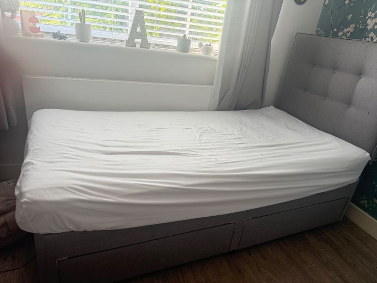 Single Bed with Headboard and Storage Drawers – Grey Fabric