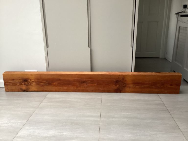 Mantelpiece red pine wood beam 1920s from roof salvage