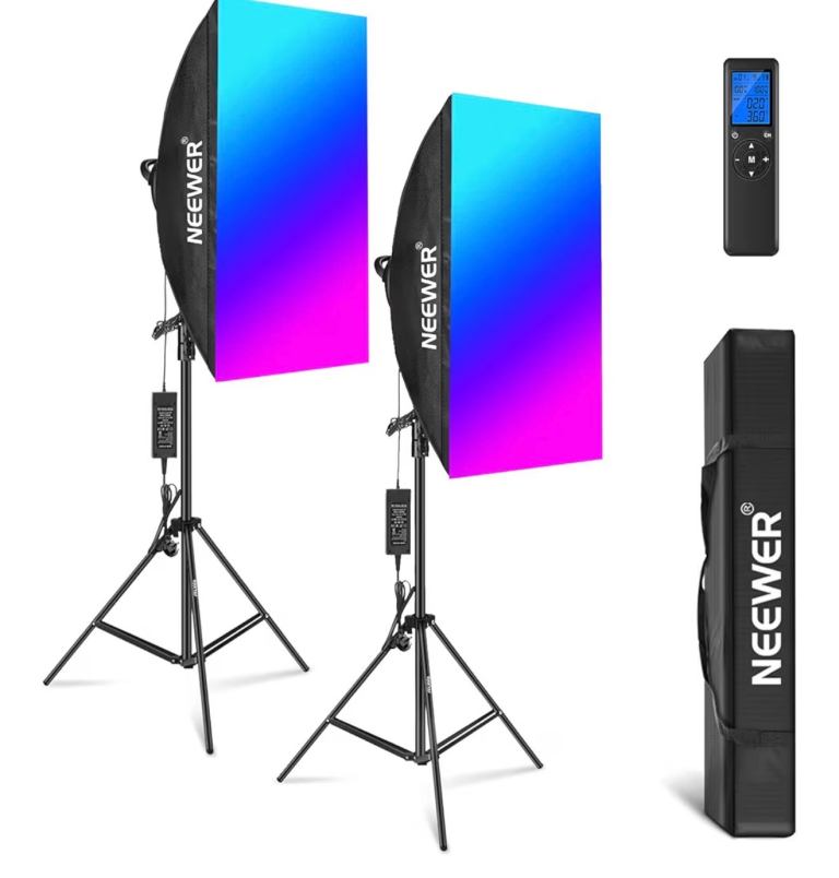 2 pack RGB LED Softbox Lighting including 4 extra batteries 