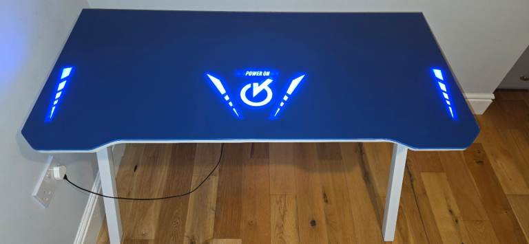 Velar Gaming Desk with Tempured Glass, LED light with Power on branding - White and Blue