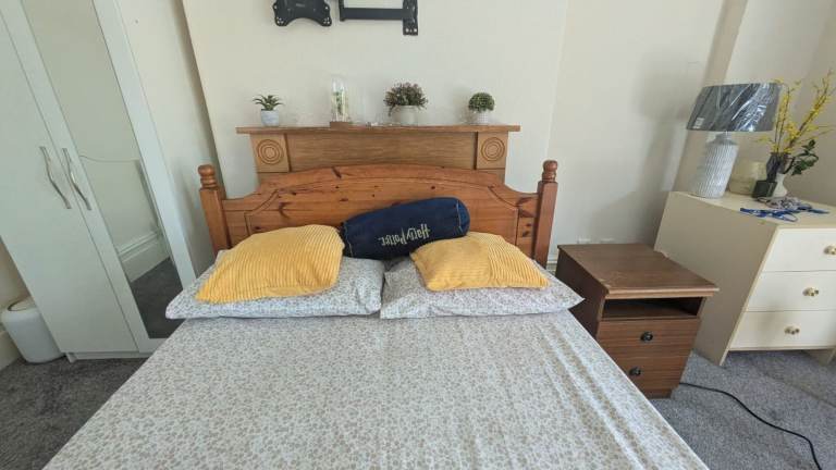 Pine Double Bed Frame with Headboard – Good Condition