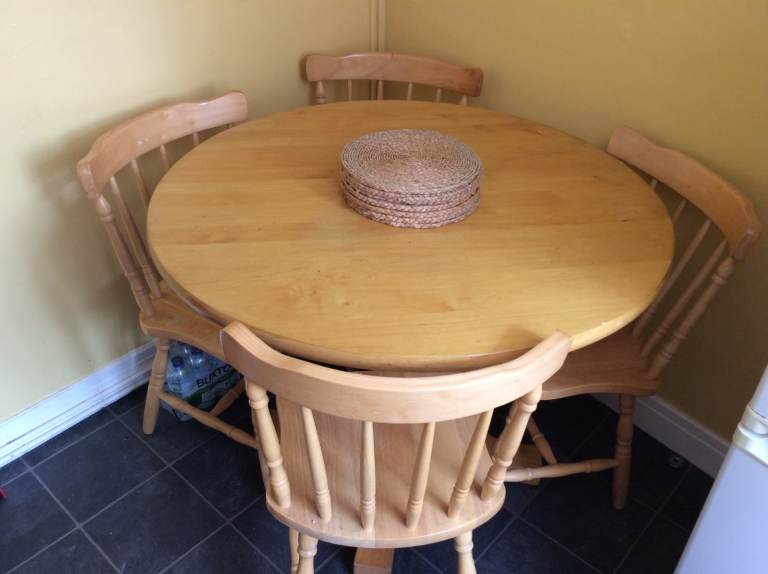 Round Dining table plus 4 chairs - solid wood, excellent condition RRP 400