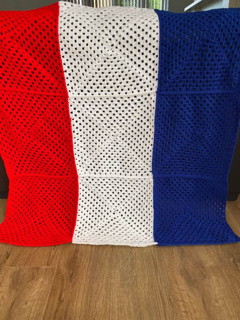 New handmade crochet blanket red white and blue aprox 40 inches square