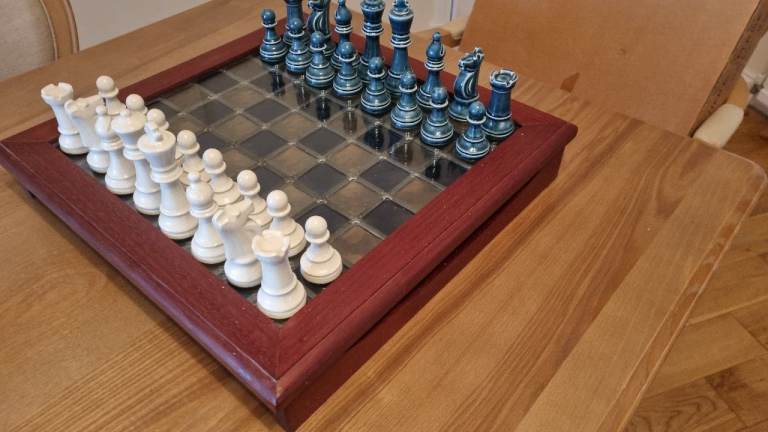 GLASS CHESSBOARD lead lined, hand made, with 2 different sets of chessmen