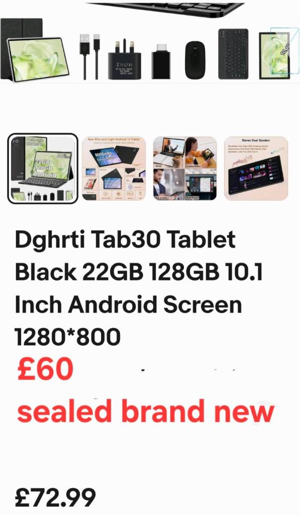 Dghrti 10.1 android tablet black 22gig 128gb keyboard and mouse brand new sealed 