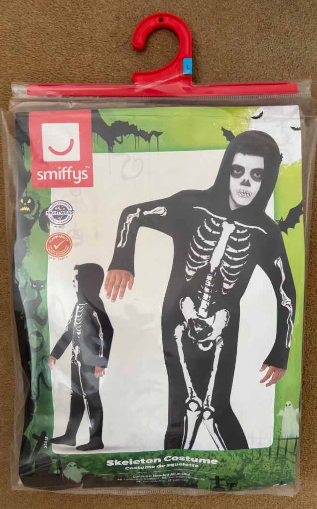 Smiffys Skeleton Costume, Black with Hooded All in One Fancy Dress Costume (10 - 12 years)
