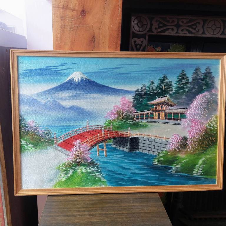 Vintage Japanese Silk Embroidery Mount Fuji Picture 