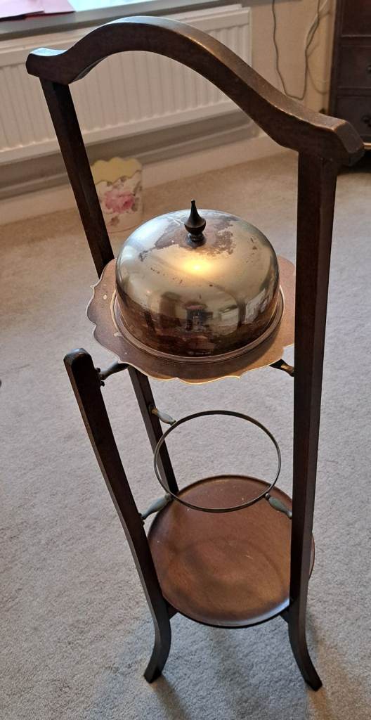 image for Vintage Wooden Stand with Metal Domed warming dish