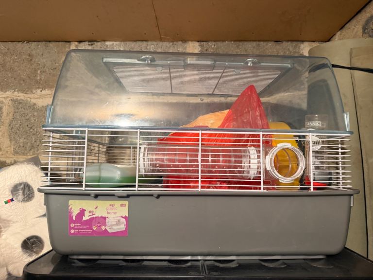 Medium hamster cage and toys plus other enrichment items 