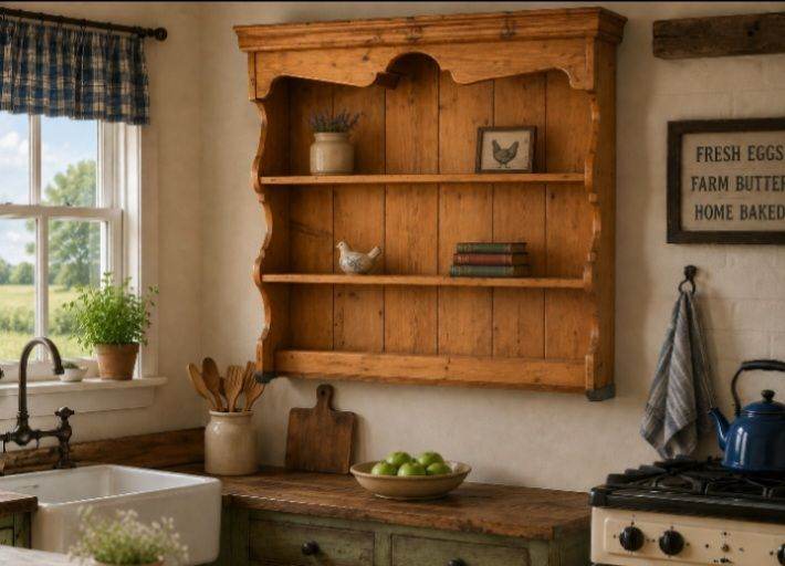 Antique Country Pine Welsh Dresser Top / Plate Rack | Farmhouse Kitchen Shelf | 114cm