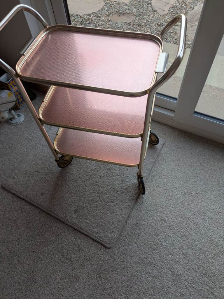 Vintage Mid-Century Drinks Trolley / Bar Cart - Rose Pink & Gold