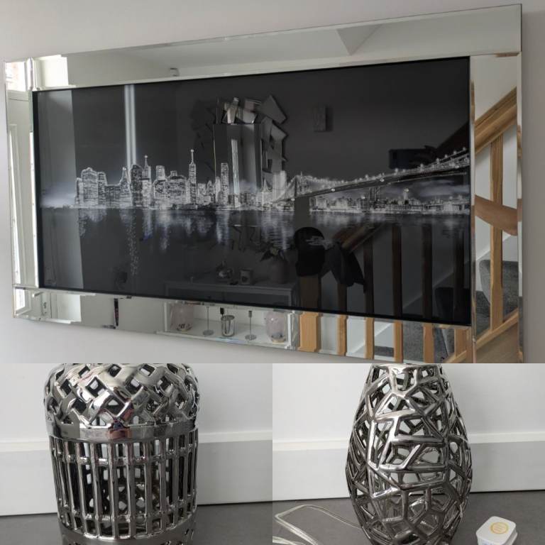 Table Lamp, Mirror Framed Picture and Candle Hurricane 