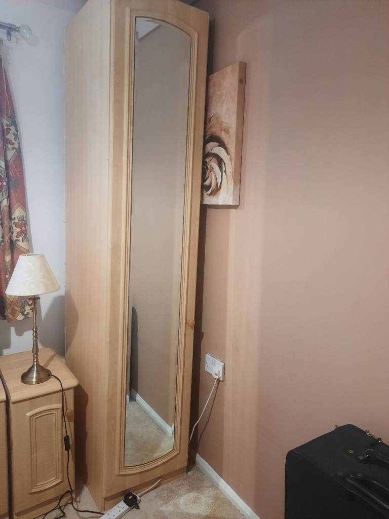 Tall Wooden Wardrobe with Full-Length Mirrored Door - Beige, Good Condition