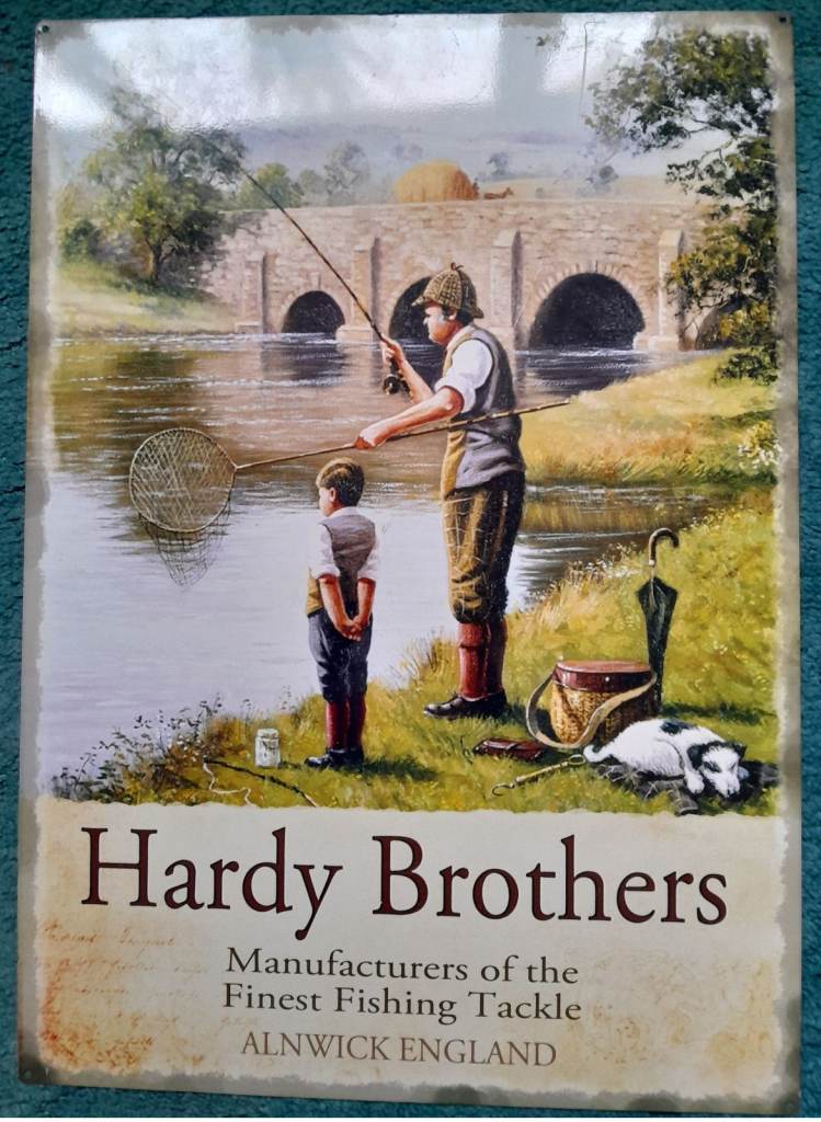 image for Tin Fishing sign of Hardy Brothers of Alnwick. 27" x 19"