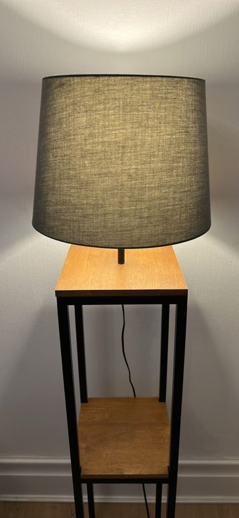Nomad floor lamp with single shelf and grey shade. 2 available.