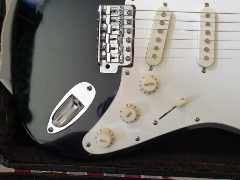 Fender Squire Stratocaster Guitar, with Marshall Amplifier and Danelectro Cool Cat Chorus effect.